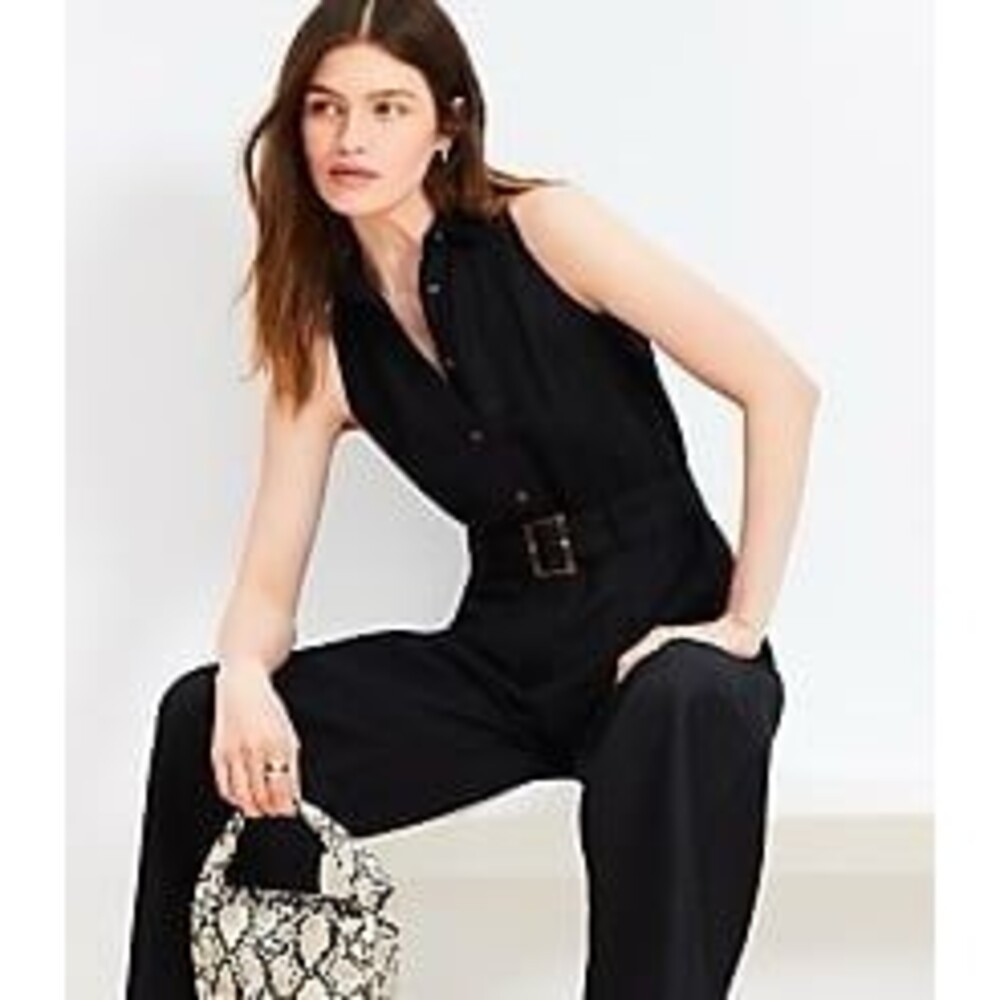 Sleeveless Halter Belted Wide Leg Black Linen Blend Jumpsuit Sz 8